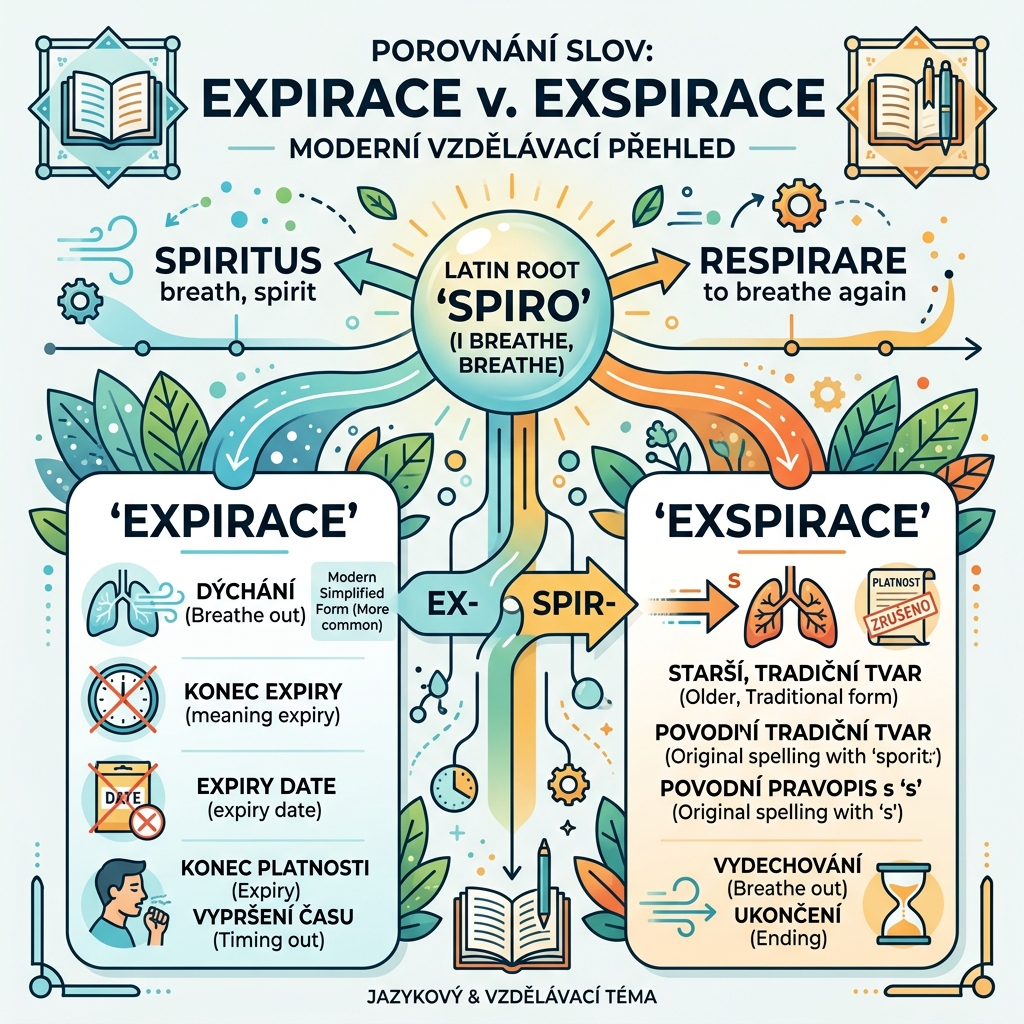 Modern educational illustration comparing EXPIRACE and EXSPIRACE with Latin root spiro