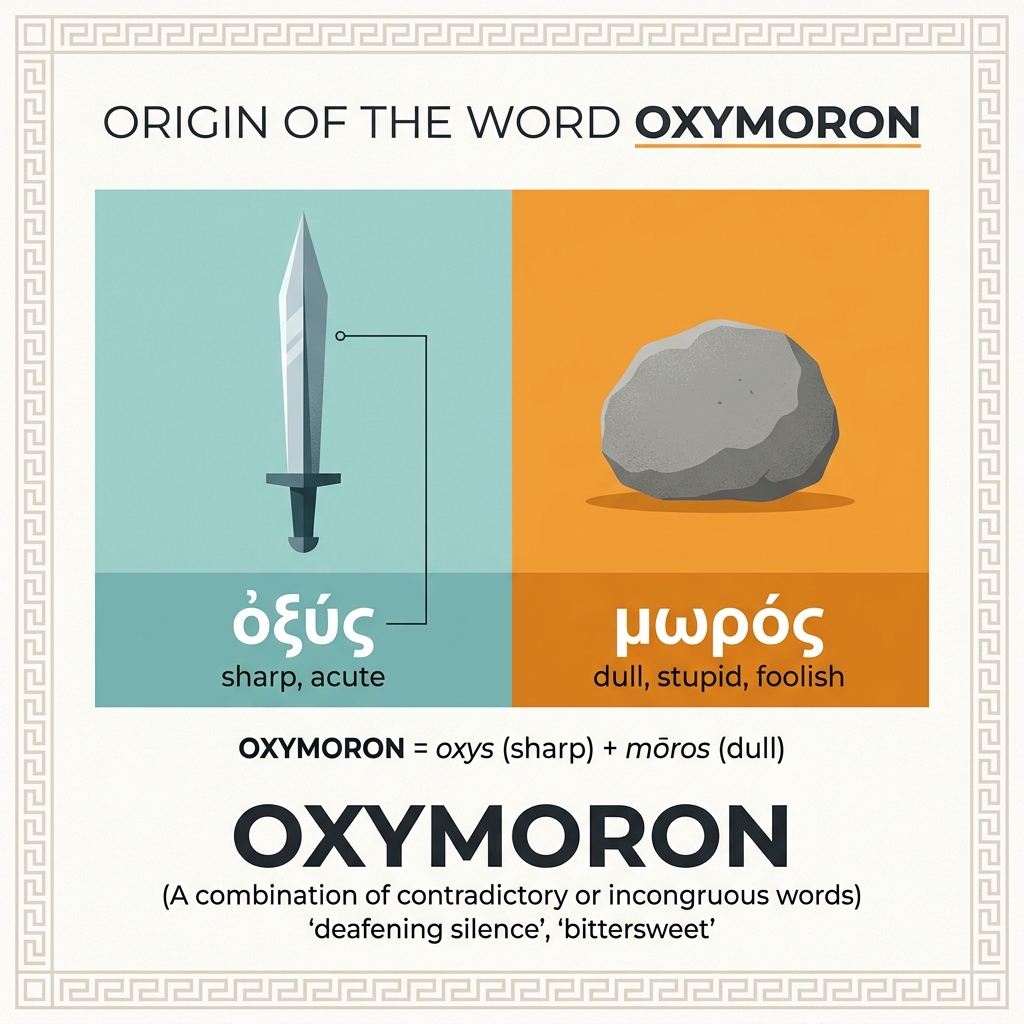 Původ slova oxymoron v řečtině z oxys a moros