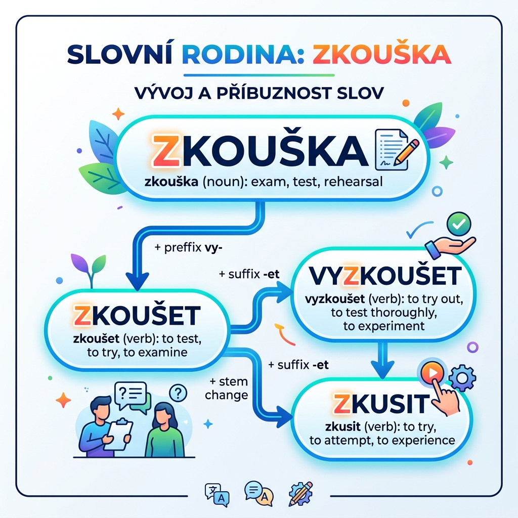 Infografika příbuzných slov: zkouška, zkoušet, vyzkoušet, zkusit