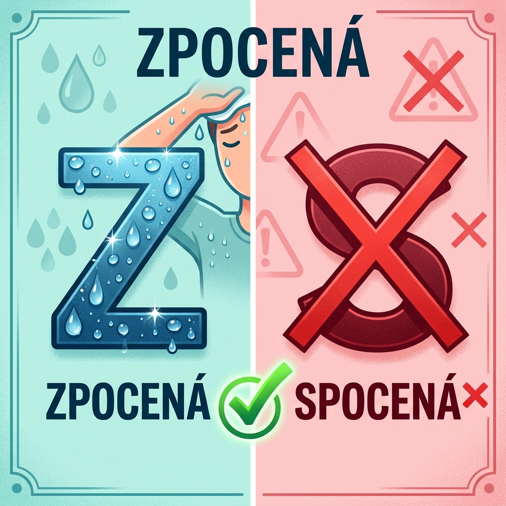 Zpocený x spocený – Jak se vyhnout časté chybě 3 Komiksová bublina ukazující odlišnou výslovnost spocená versus textová zpráva s gramaticky správným pravopisem zpocená