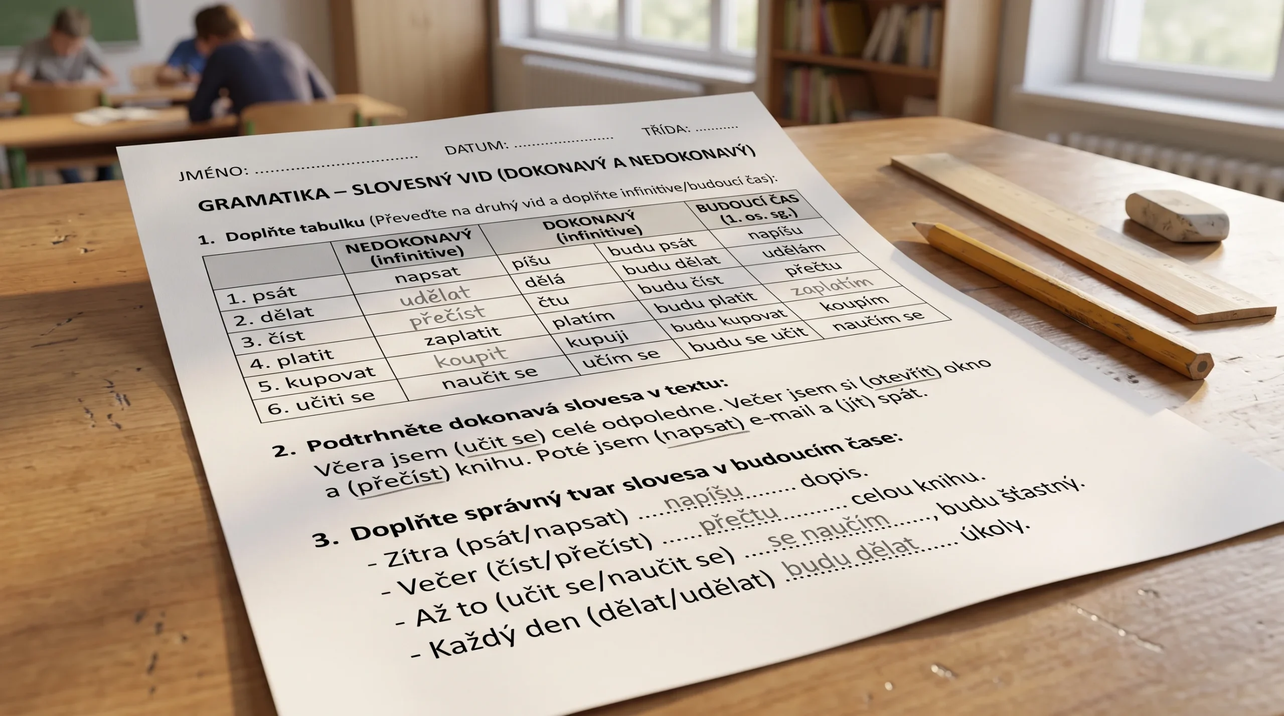 Pracovní list na slovesný vid pro žáky